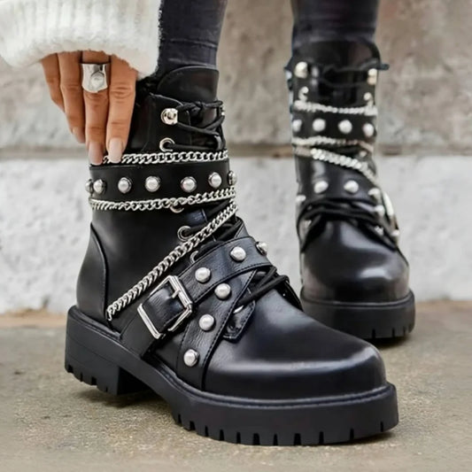 Women's Y2k Gothic Black Punk Lace Up Combat Boots Fashion Chain Rivet Decoration Motorcycle Ankle Boots