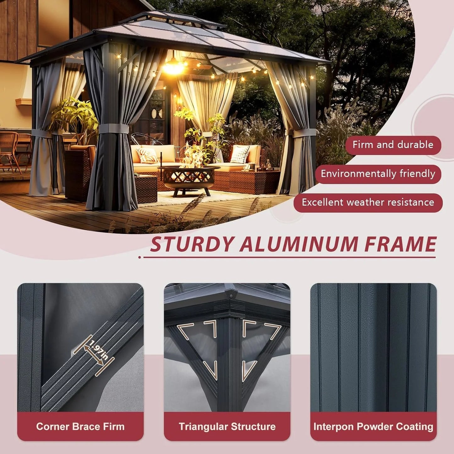 Nordivale 10x12FT Hardtop Gazebo Permanent Aluminum Frame Pavilion with Curtains and Netting Polycarbonate Double Roof Outdoor Canopy for Patio Garden Lawn