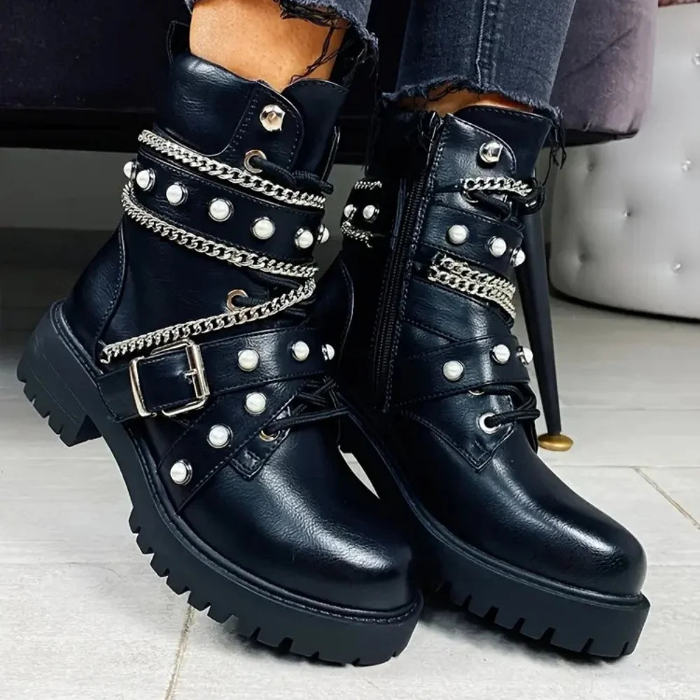 Women's Y2k Gothic Black Punk Lace Up Combat Boots Fashion Chain Rivet Decoration Motorcycle Ankle Boots
