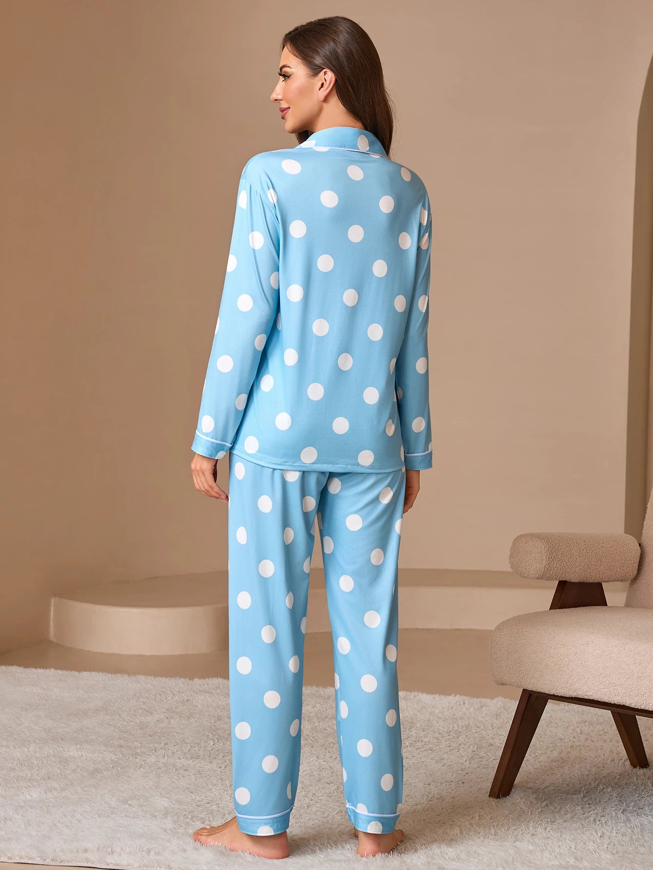 2PCS Womens Spot Print Pajama Sets Pj Set Cute Long Sleeve Button Down Shirt With Long Pants