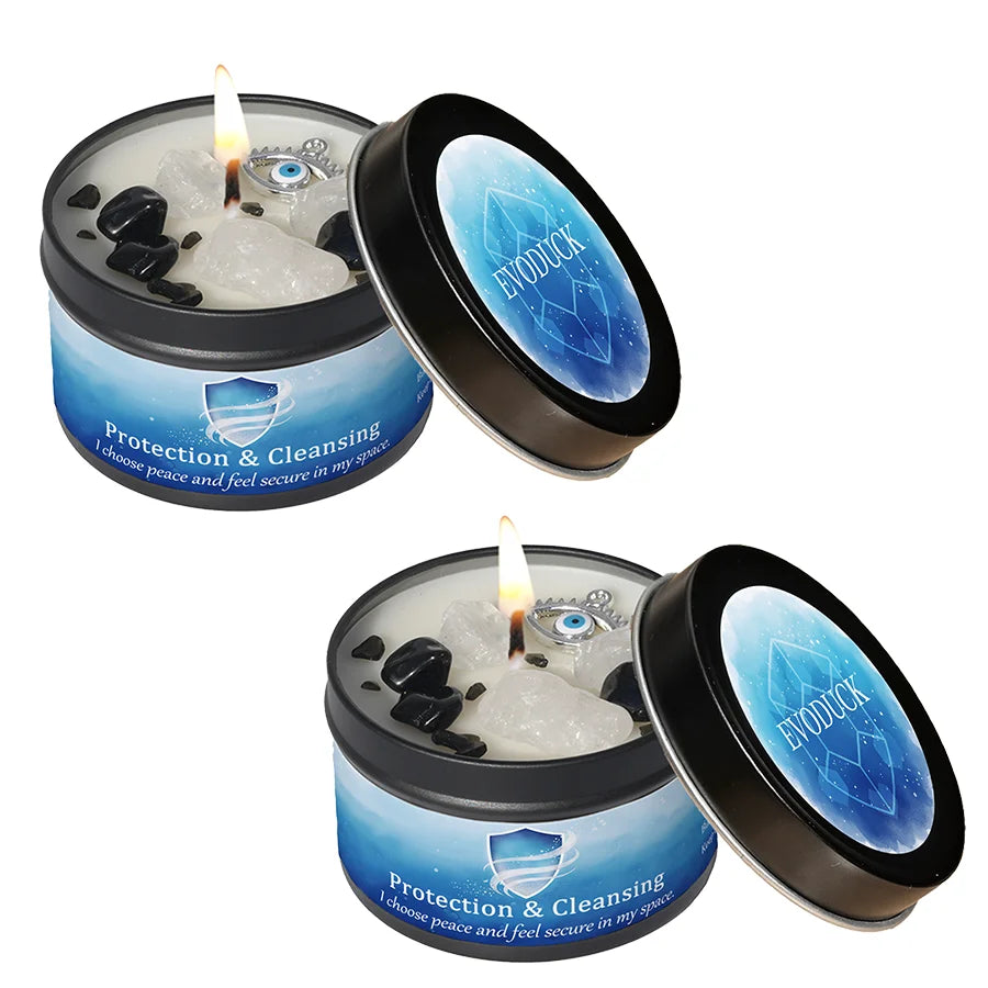 3Pcs Protection & Cleansing Crystal Intention Scented Candle Set, White Sage & Frankincense Scented Soy Candles with Black Tourmaline & Evil Eye Charm, Negative Energy Clearing Aromatherapy Tin Candles, Halloween Witchy House