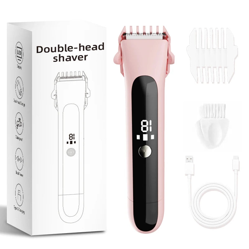 Bikini Trimmer for Women, 2-in-1 Electric Razor with Dual Heads, Ceramic Blade, Waterproof & Rechargeable, Painless Pubic Hair S