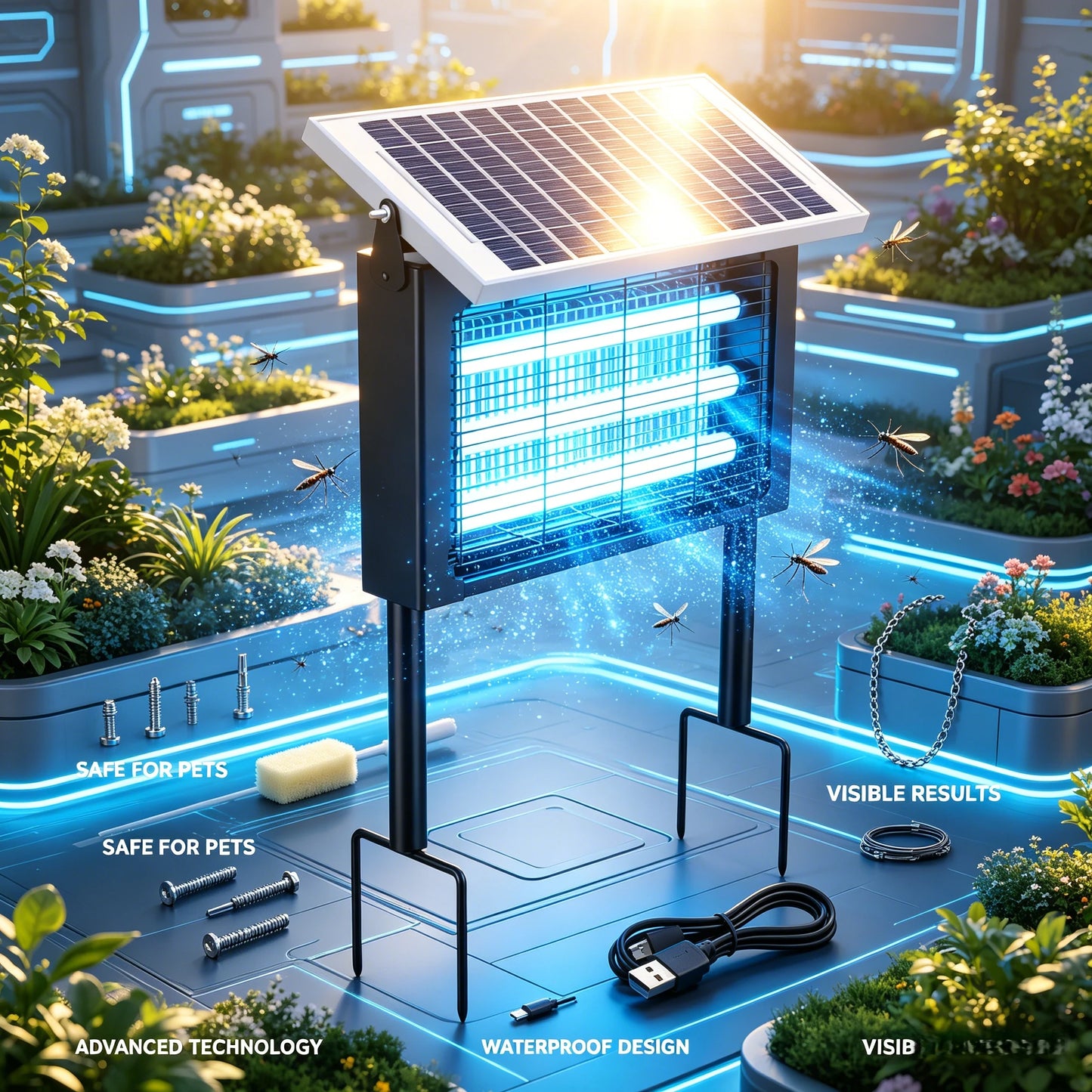 Solar Bug Zapper Outdoor, 3 Tube UV Light Insect Killer, IP45 Waterproof, USB-C Backup, Garden Mosquito Trap