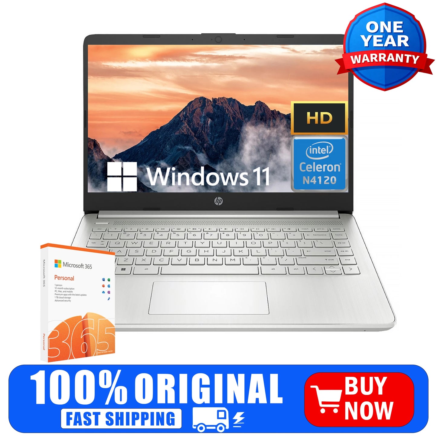HP 14" Business Laptop,Intel Celeron N4120,4GB RAM, 128GB eMMC,1 Year Office 365,Windows 11 Home