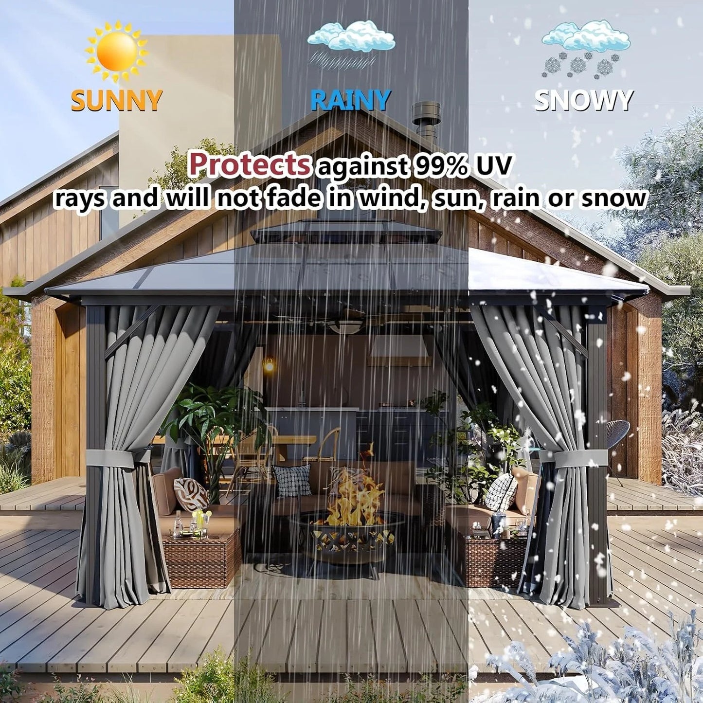 Nordivale 10x12FT Hardtop Gazebo Permanent Aluminum Frame Pavilion with Curtains and Netting Polycarbonate Double Roof Outdoor Canopy for Patio Garden Lawn