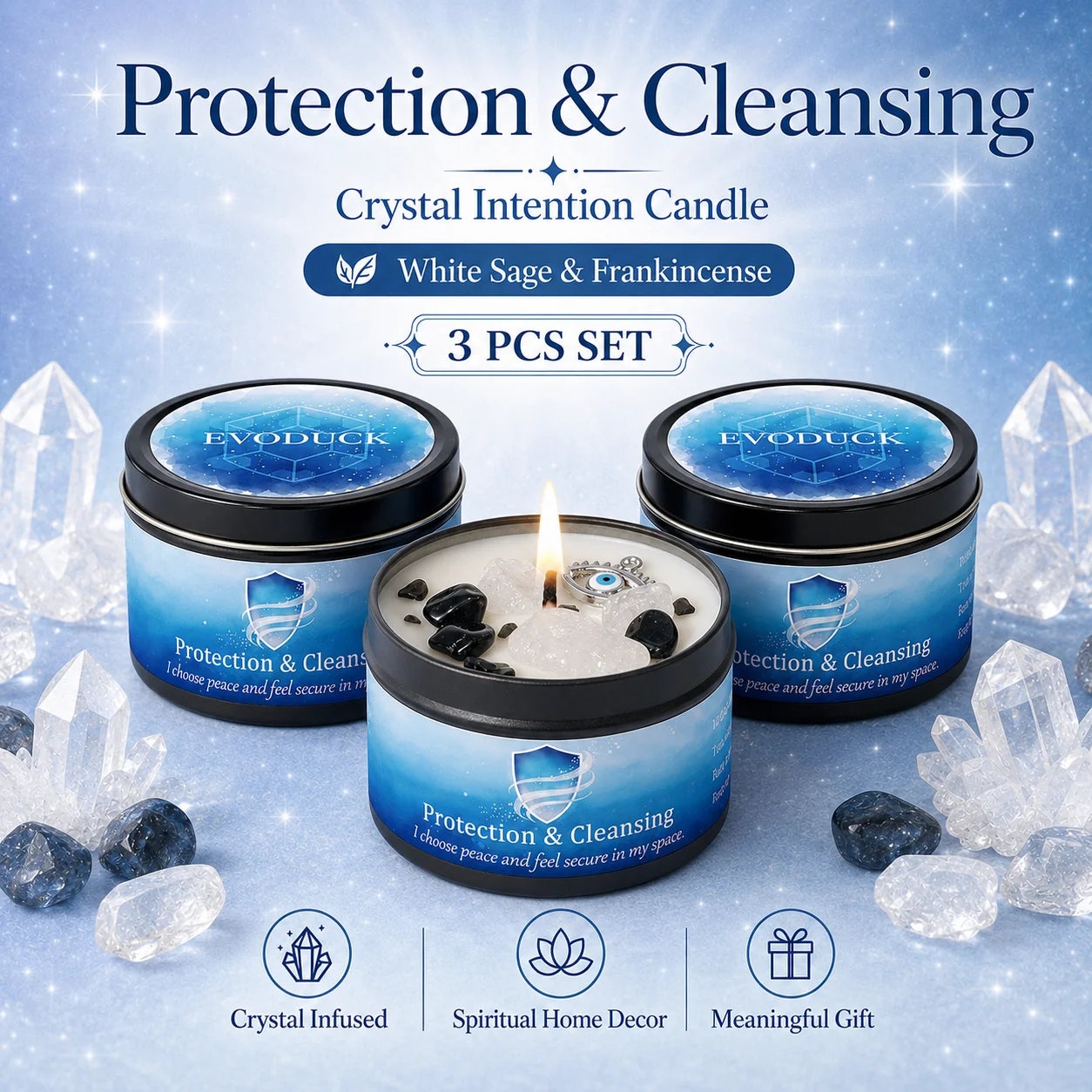 3Pcs Protection & Cleansing Crystal Intention Scented Candle Set, White Sage & Frankincense Scented Soy Candles with Black Tourmaline & Evil Eye Charm, Negative Energy Clearing Aromatherapy Tin Candles, Halloween Witchy House
