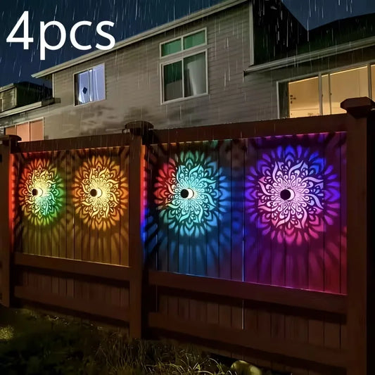 4PC solar wall light, metal pattern IP44 waterproof exterior wall light, colorful and mysterious Mandala metal hollow exterior wall light, suitable for home corridors, fences, lawns, Christmas and Halloween atmosphere decorat