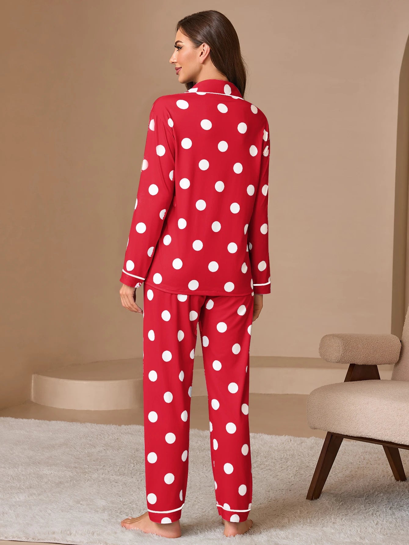 2PCS Womens Spot Print Pajama Sets Pj Set Cute Long Sleeve Button Down Shirt With Long Pants
