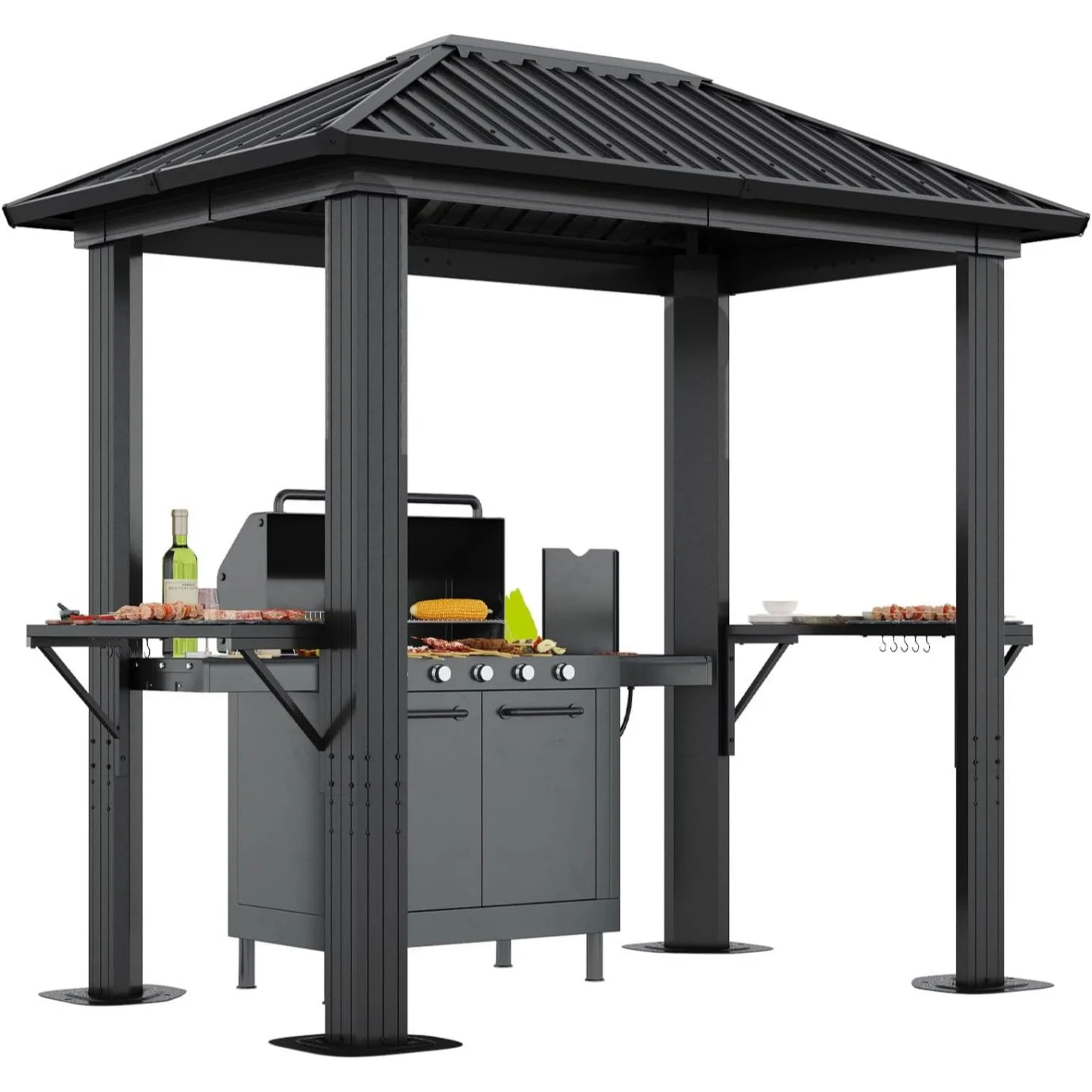 Nordivale 8x5FT Hardtop Gazebo Outdoor Metal Grill Pavilion Permanent BBQ Shelter with Galvanized Steel Roof and Shelves for Lawn Garden Patio Backyard Black Gray
