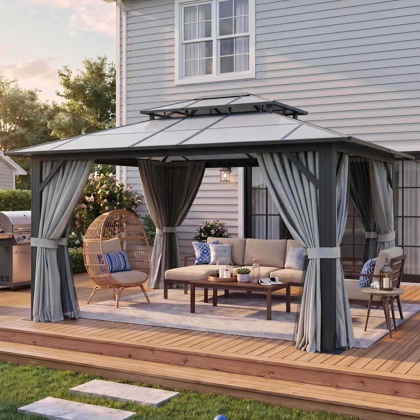 Nordivale 10x12FT Hardtop Gazebo Permanent Aluminum Frame Pavilion with Curtains and Netting Polycarbonate Double Roof Outdoor Canopy for Patio Garden Lawn