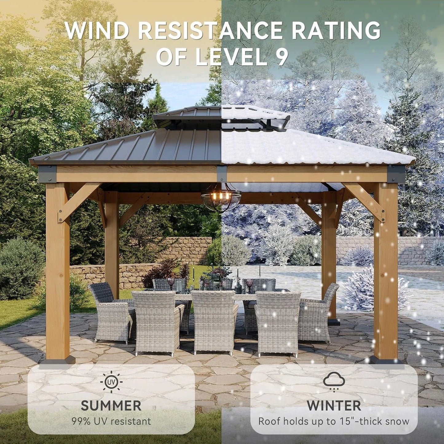 Nordivale 10x12FT Cedar Wood Hardtop Gazebo Permanent Wooden Pavilion Galvanized Steel Double Roof Outdoor Canopy for Patio Garden Deck Natural