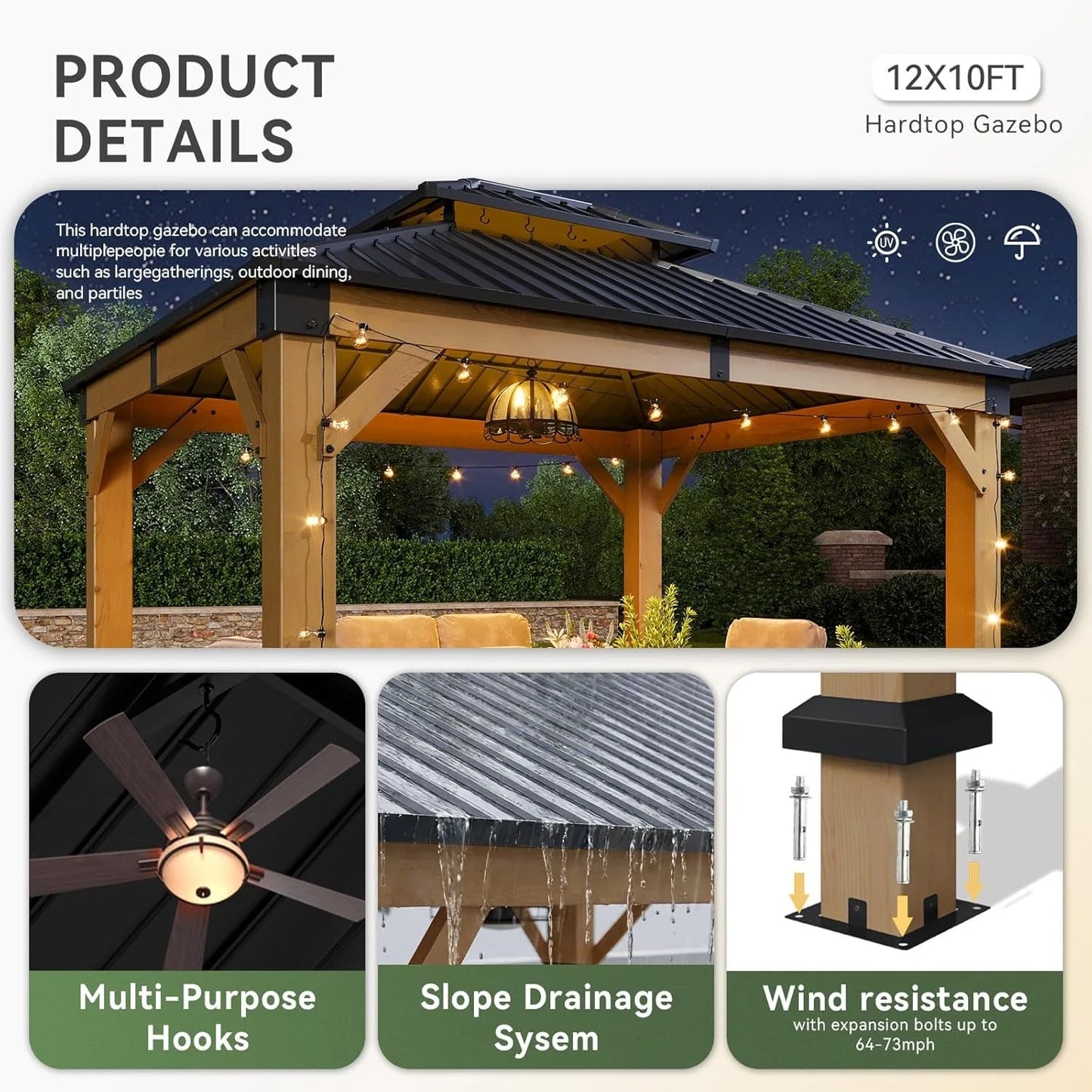 Nordivale 10x12FT Cedar Wood Hardtop Gazebo Permanent Wooden Pavilion Galvanized Steel Double Roof Outdoor Canopy for Patio Garden Deck Natural