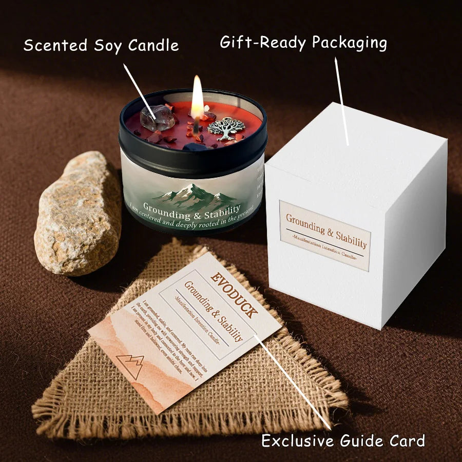 3Pcs Grounding & Stability Crystal Intention Scented Candle Set, Vetiver & Cedarwood Scented Soy Candles with Red Jasper & Smoky Quartz, Root Chakra Anxiety Relief Aromatherapy Tin Candles, Forest Woodsy Fall Autumn Housewarm