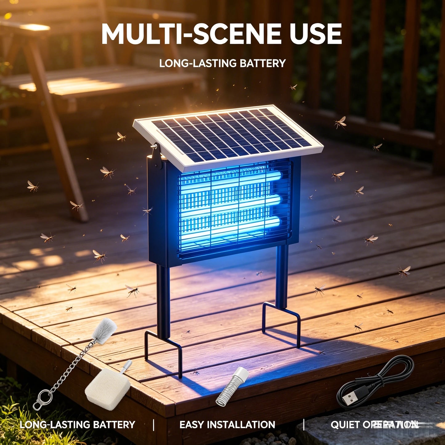 Solar Bug Zapper Outdoor, 3 Tube UV Light Insect Killer, IP45 Waterproof, USB-C Backup, Garden Mosquito Trap