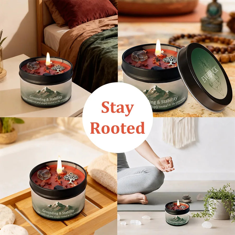 3Pcs Grounding & Stability Crystal Intention Scented Candle Set, Vetiver & Cedarwood Scented Soy Candles with Red Jasper & Smoky Quartz, Root Chakra Anxiety Relief Aromatherapy Tin Candles, Forest Woodsy Fall Autumn Housewarm