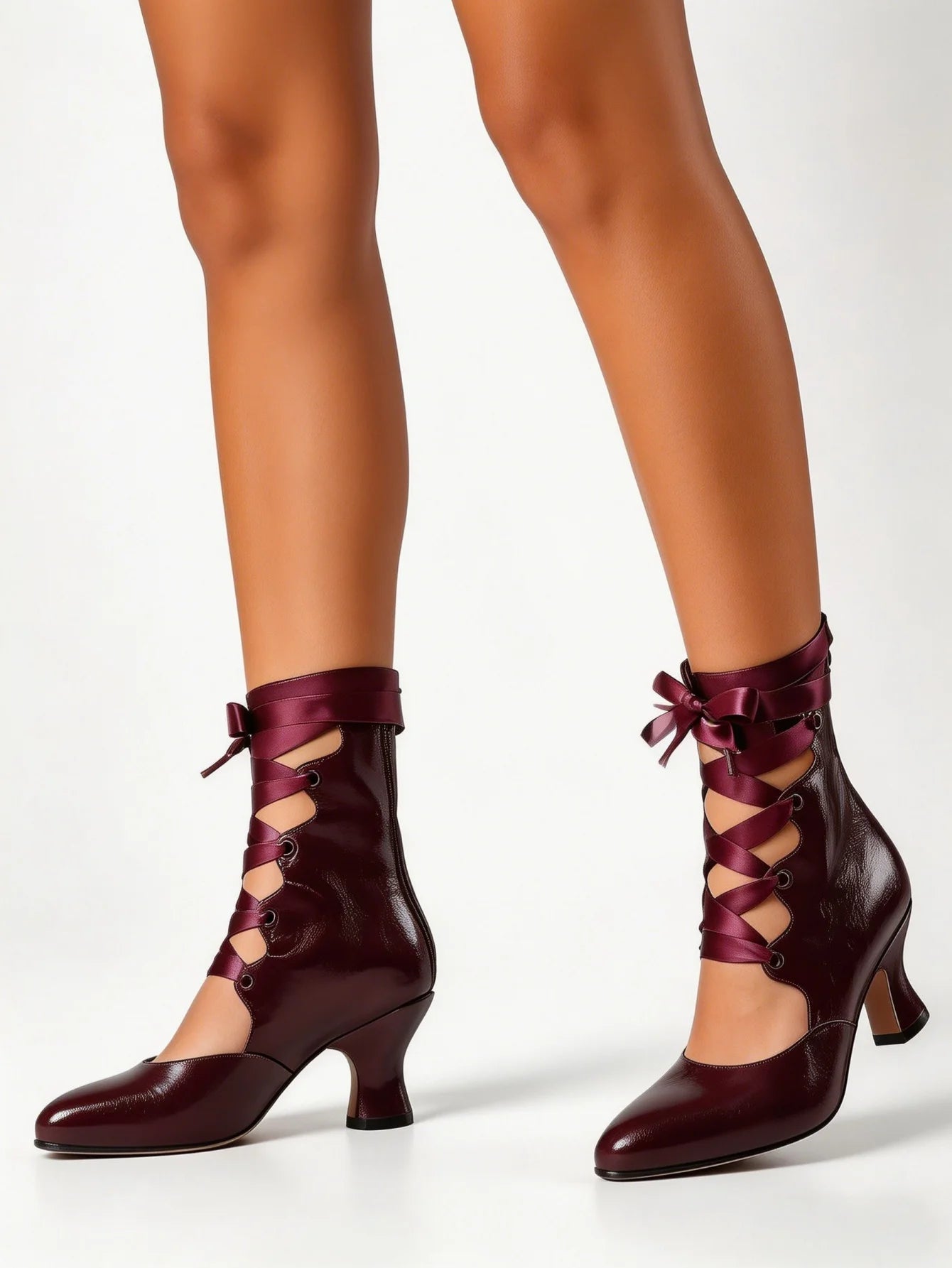 Gothic Lace Up High Heels For Women Satin Ribbon Vintage Heels Elegant Mid Heel Pumps Kitten Heel Back Zipper Pointed Toe For Party