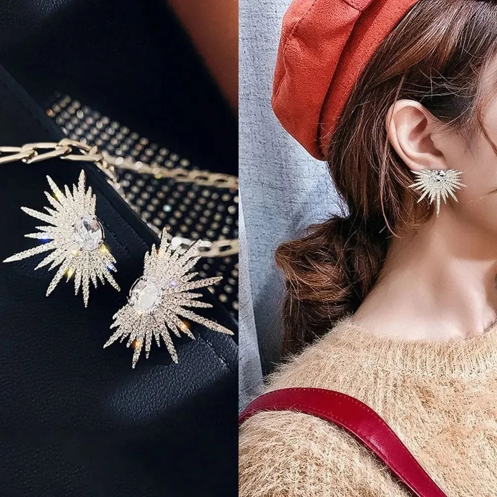 Korean Silver Rhinestone Dangle Earrings for Women, Bling Crystal Star Drop Earrings Party Jewelry