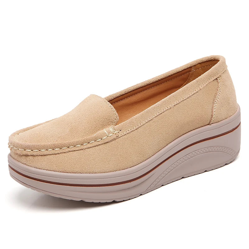 Summer Women Casual Shoes Platform Sneakers Slip on Suede Leather Ladies Moccasins Shoes Wedge Loafers For Women Zapatos Mujer