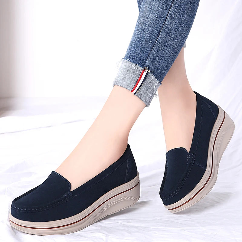 Summer Women Casual Shoes Platform Sneakers Slip on Suede Leather Ladies Moccasins Shoes Wedge Loafers For Women Zapatos Mujer