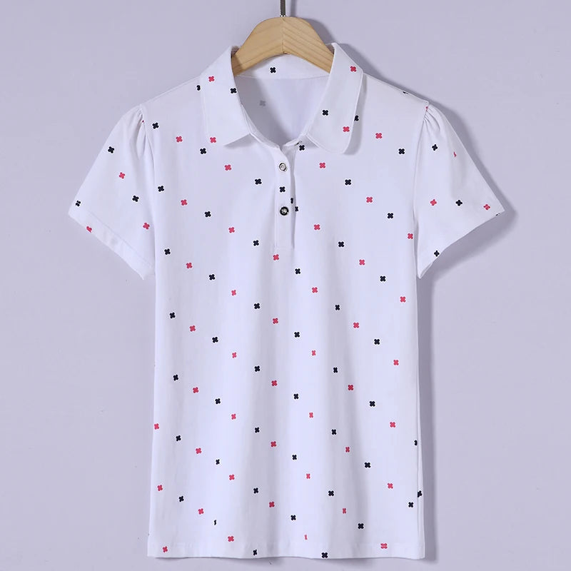 Women's Summer Cotton Shirt - Slim Fit Foldable Flip Collar Short Sleeve Printed Casual Top Trendy Button Design Fashion