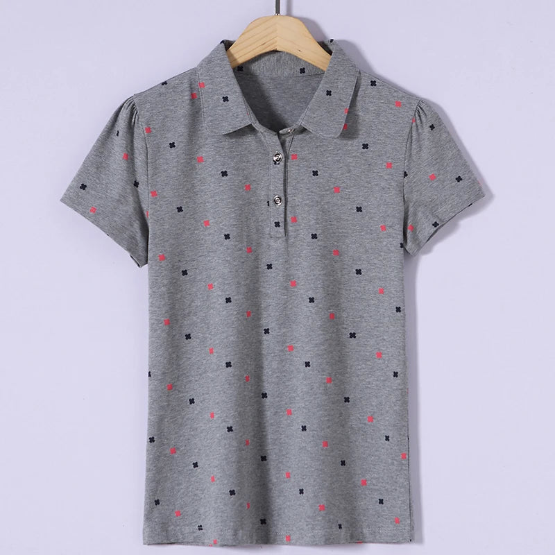 Women's Summer Cotton Shirt - Slim Fit Foldable Flip Collar Short Sleeve Printed Casual Top Trendy Button Design Fashion