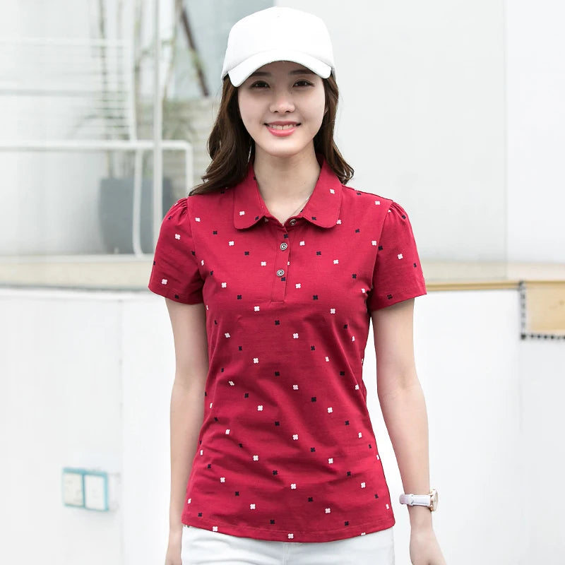 Women's Summer Cotton Shirt - Slim Fit Foldable Flip Collar Short Sleeve Printed Casual Top Trendy Button Design Fashion