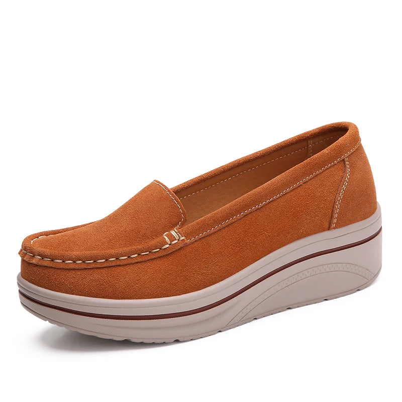 Summer Women Casual Shoes Platform Sneakers Slip on Suede Leather Ladies Moccasins Shoes Wedge Loafers For Women Zapatos Mujer