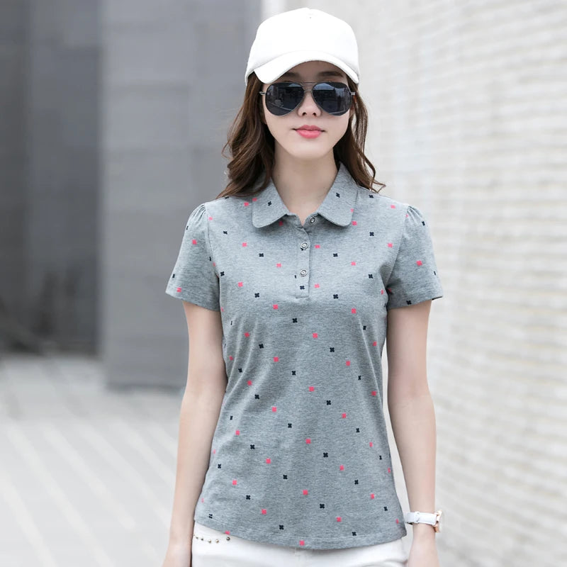 Women's Summer Cotton Shirt - Slim Fit Foldable Flip Collar Short Sleeve Printed Casual Top Trendy Button Design Fashion