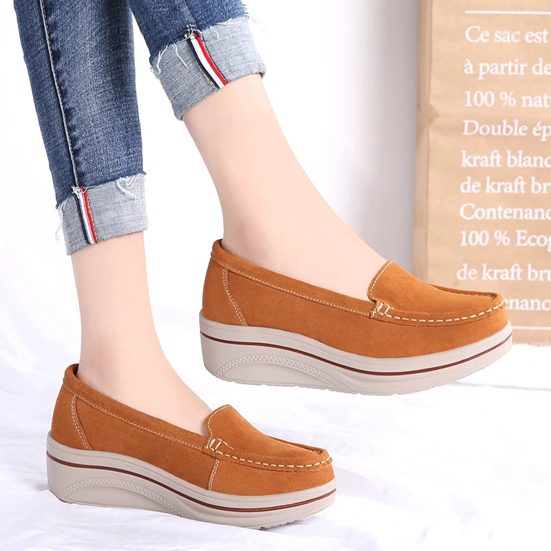 Summer Women Casual Shoes Platform Sneakers Slip on Suede Leather Ladies Moccasins Shoes Wedge Loafers For Women Zapatos Mujer