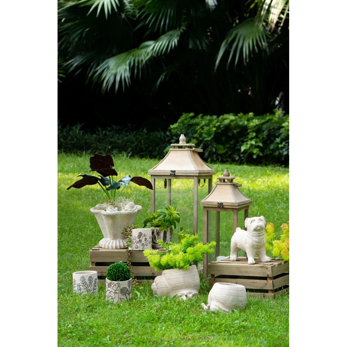Set of 4 4.3x4.3x4" Gray Sand and Cement Planters with Brown Botanical Motifs On-Site