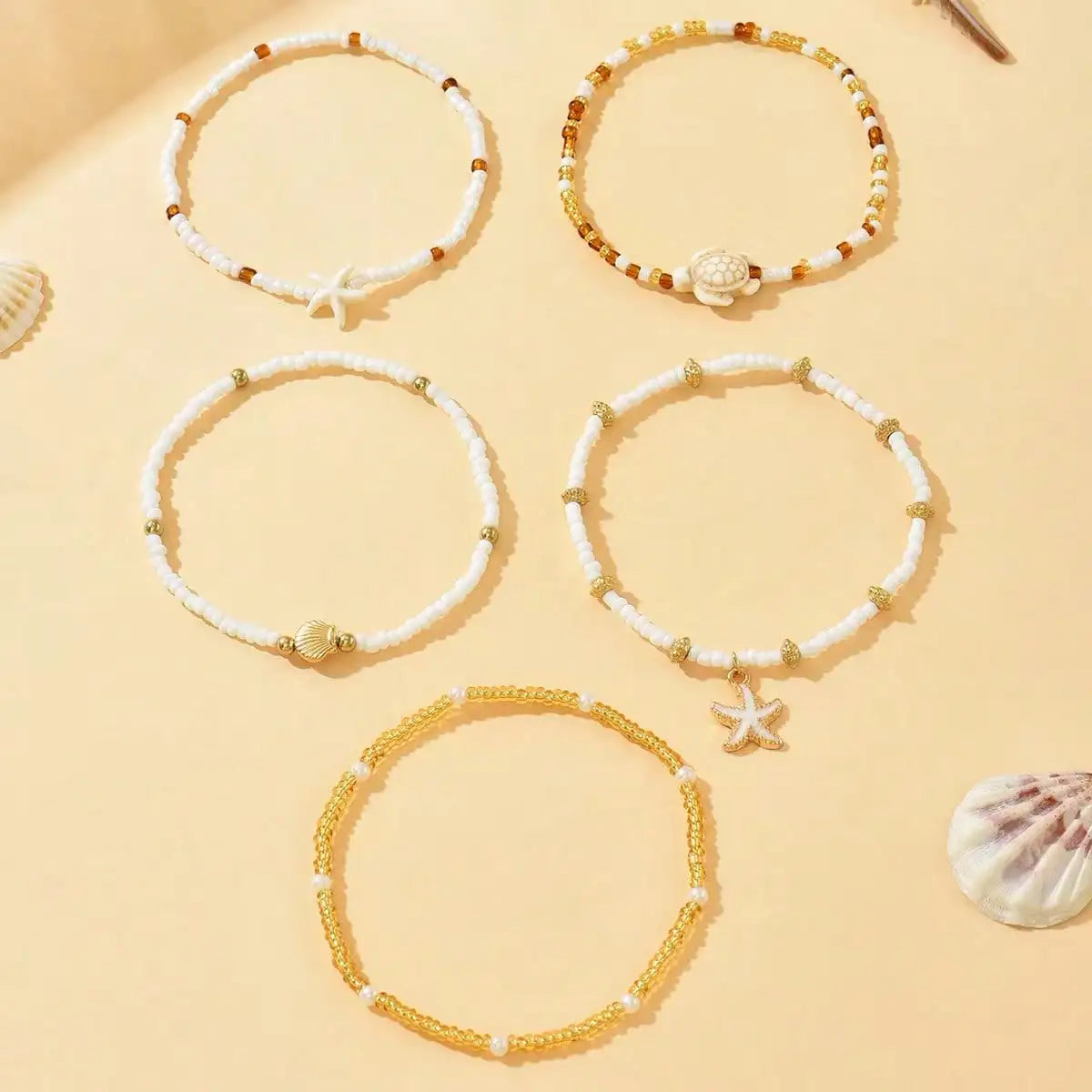 5pcs/Set Summer Bohemian Ocean Style Beaded Chain Anklet, Alloy Fish Tail Decor Foot Jewelry Women, Suitable Daily Wear And Beach Party, Shape, Size And Surface Pattern Of Shells Are Random I2MC