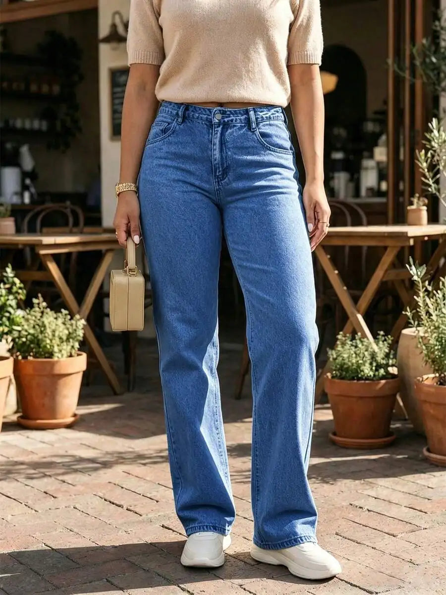 Womens Mid Rise Straight Leg Black Denim Jeans, Casual Loose Fit Trousers