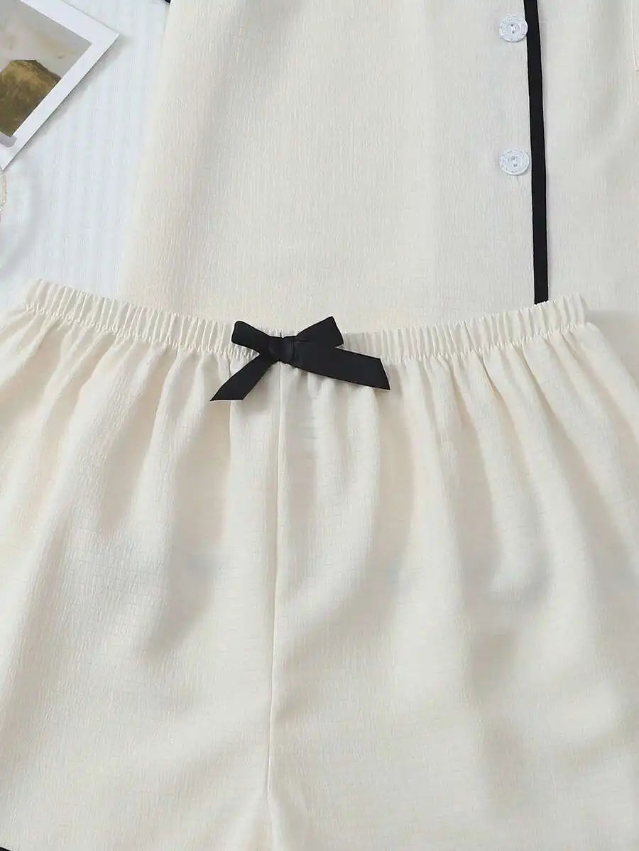Womens 2-Piece Pajama Set With Collar Top And Bow Shorts