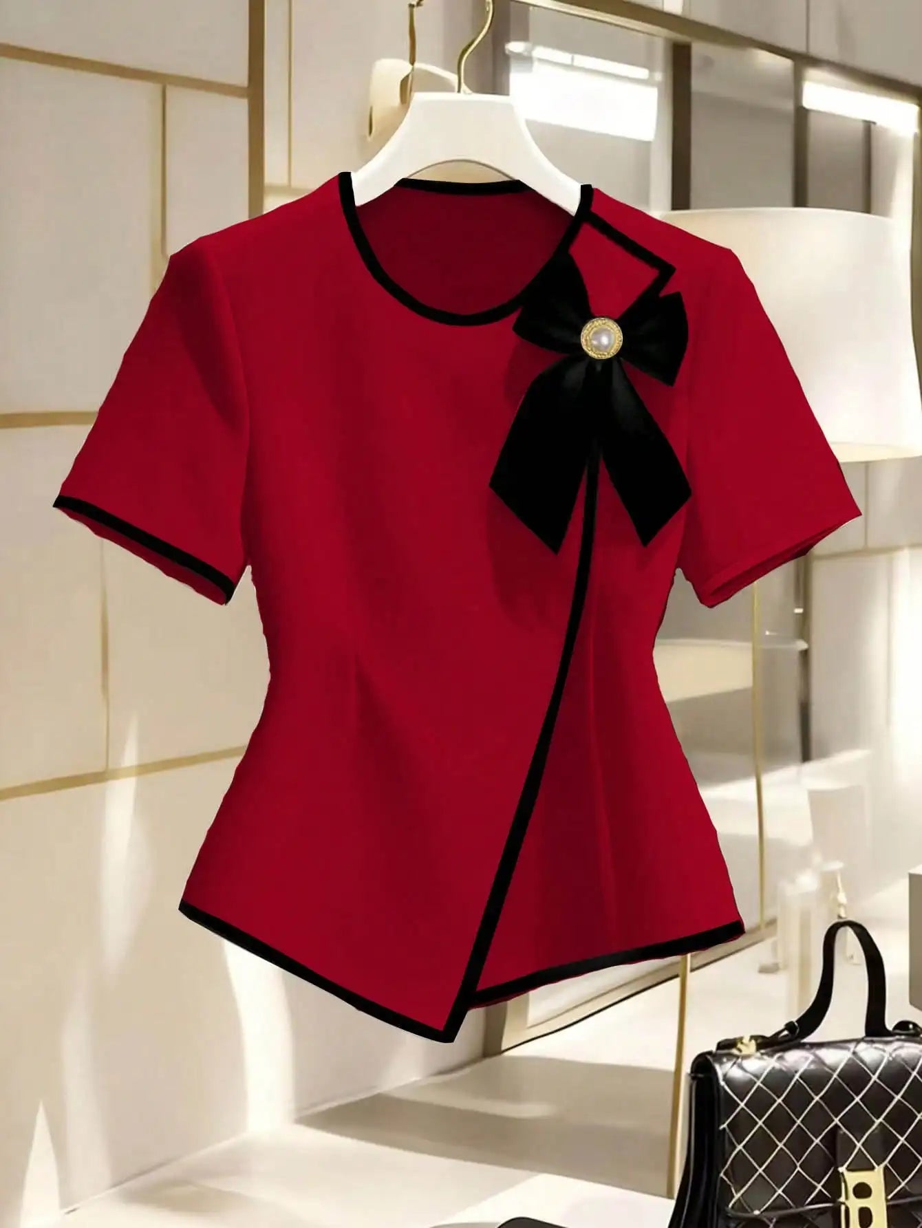 Elegant Bow Collar Short Sleeve Blouse With Asymmetric Hem For Office And Casual