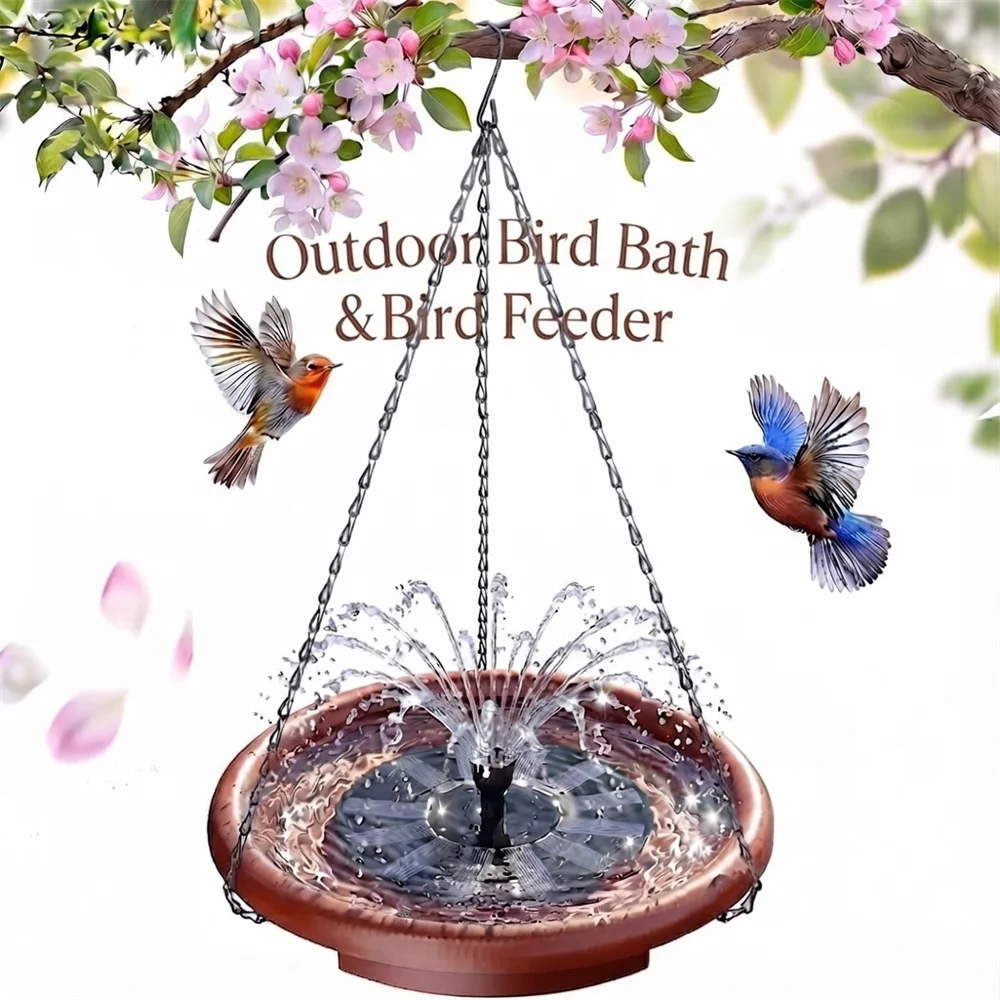15 inch Hanging Solar Bird Bath, Outdoor Bird Bath & Feeder with Solar Fountain and 3-Tier Steps, Suitable for Patio Garden Backyard Landscape Decor