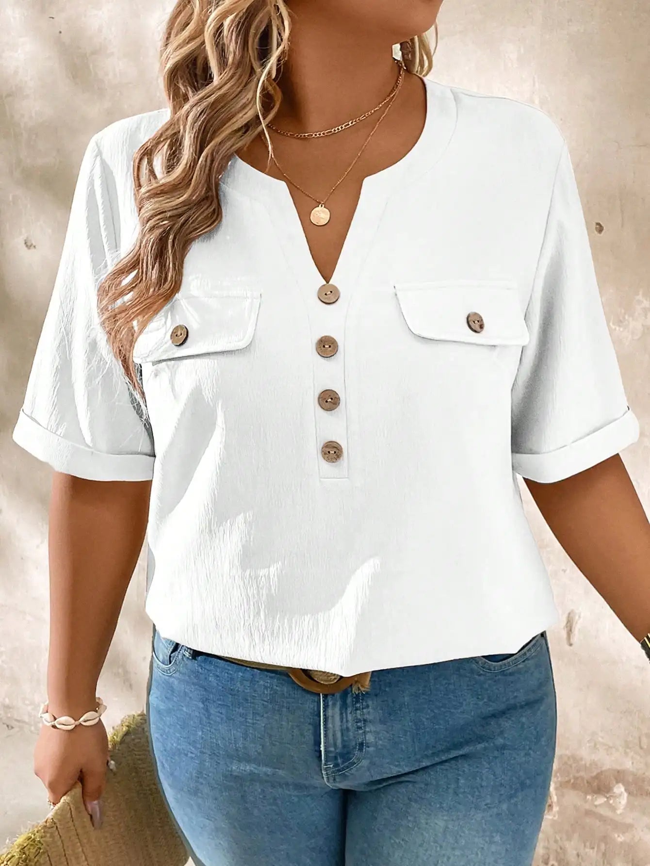Casual V-Neck Short Sleeve Shirt With Wood Buttons