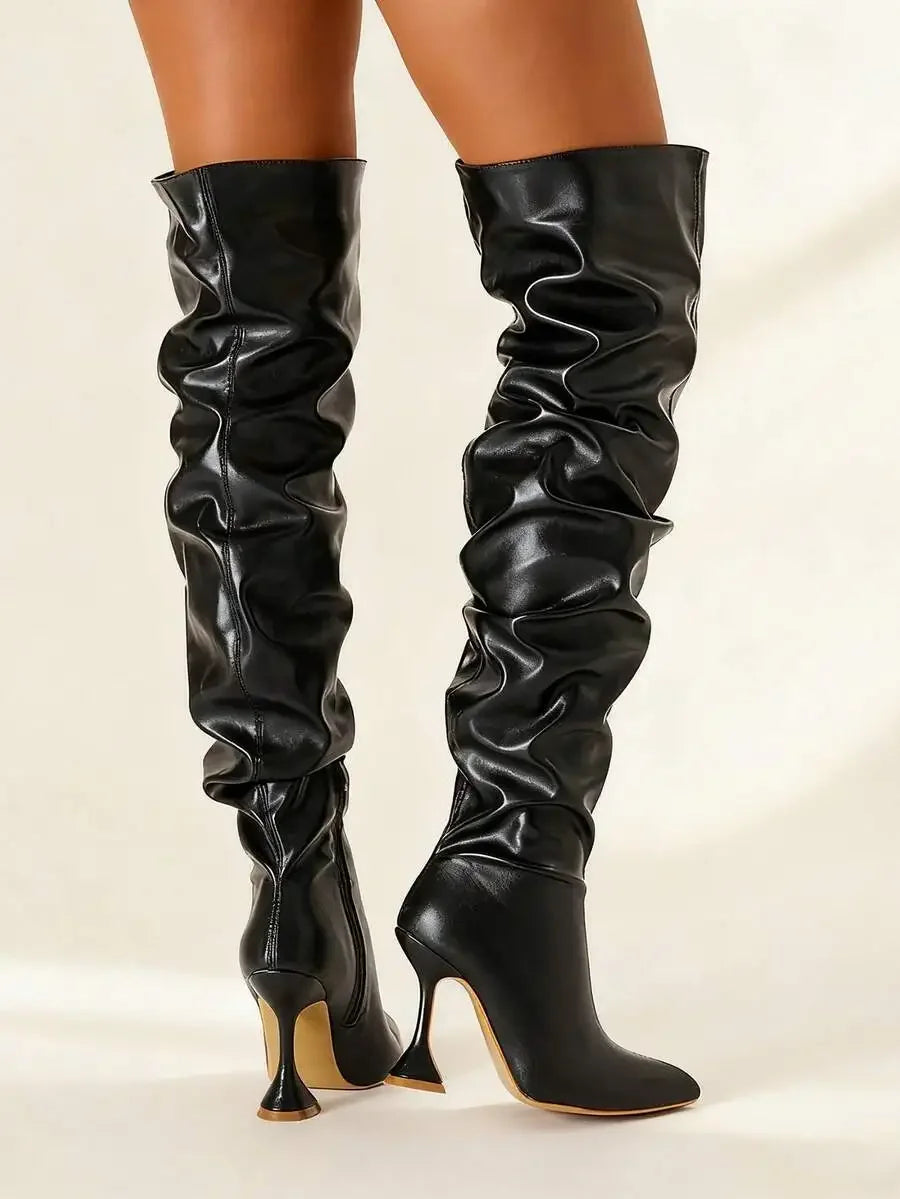 Womens White Over-The-Knee Boots With Pleated Design Pointed Toe Stiletto Heel