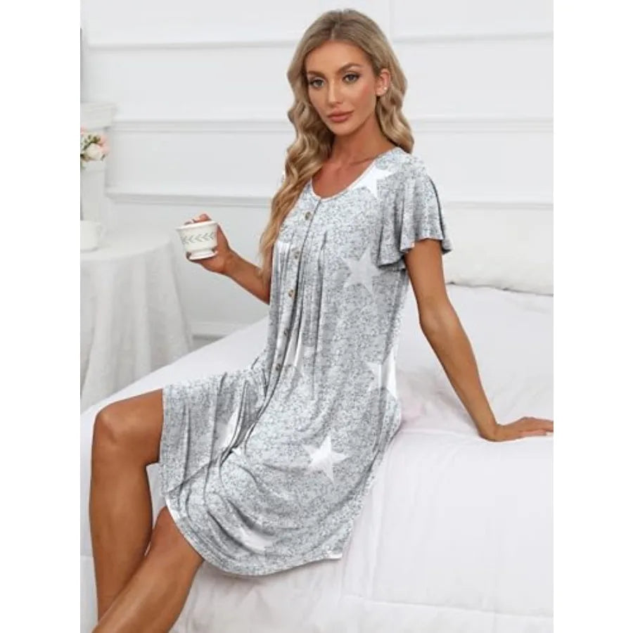 Women's Button Down Nightgown Pleated Front Loose Fit Short Sleeve Sleepwear Pajamas Dress with Hand Pockets