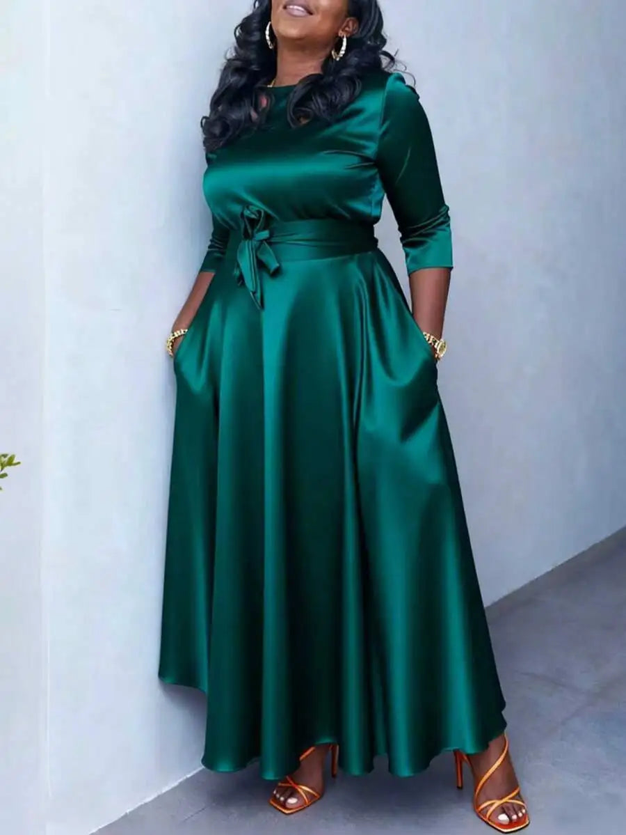 Elegant Women Satin Fit And Flare Long Sleeve Boat Neck Cocktail Dress With Pockets