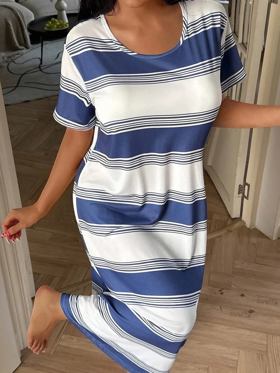 Womens Casual Blue And White Striped Loose Midi Dress Nightgown Lounge Dress