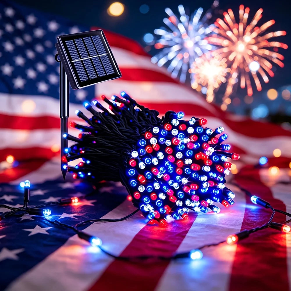 1/2/3 Pack Patriotic Solar LED String Lights, 4Th of July Red White Blue Lights, 12M/22M (39.4Ft/72Ft) 120/240LED 8 Modes Lights, for Independence Day Memorial Day Veterans Day Outdoor Decor