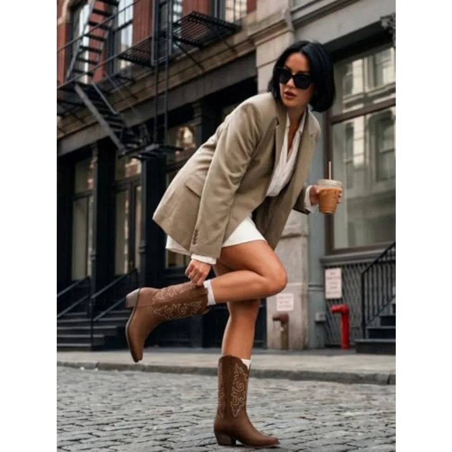 Square Toe Cowboy Boots for Women Mid Calf Cowgirl Boots Chunky Heel Western Cowboy Boots for Daily Outfits Party Country Conce