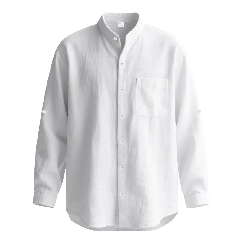 Men White Linen Button Down Long Sleeve Shirt Mandarin Collar Chest Pocket Roll Tab Cuff Loose Oversized Breathable Textured Beach Vacation Casual Holiday Top