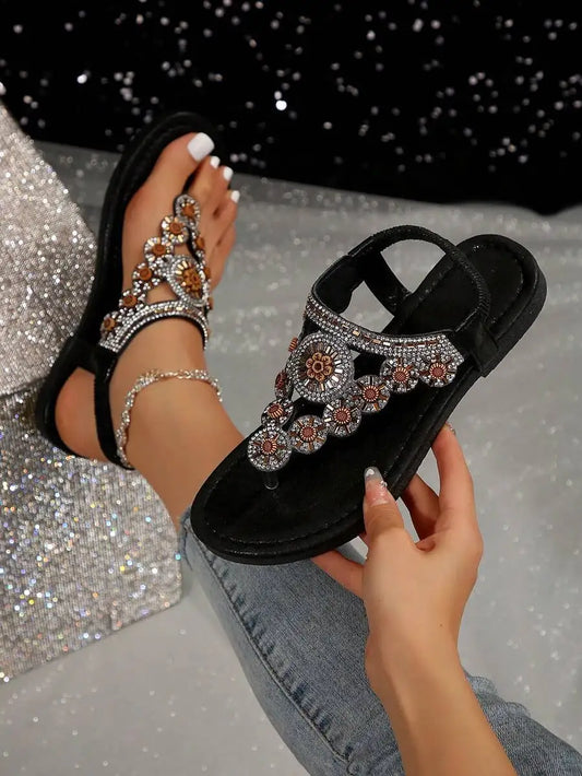 Women Bohemian Flat Sandals With Rhinestone Decoration Open Toe T-Strap Thong Beach Summer Shoes