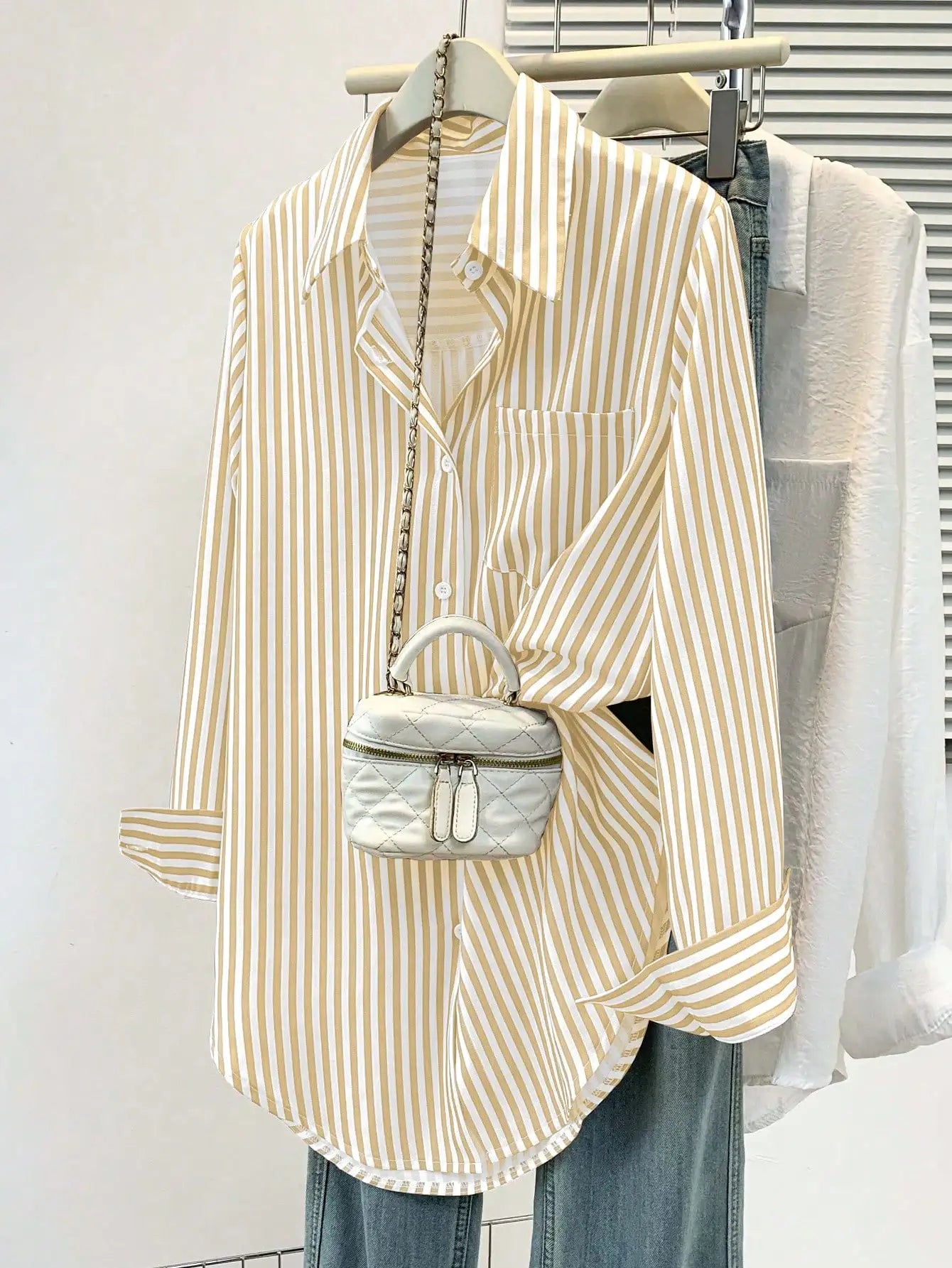Womens Casual Striped Pointed Collar Long Sleeve Button-Up Shirt