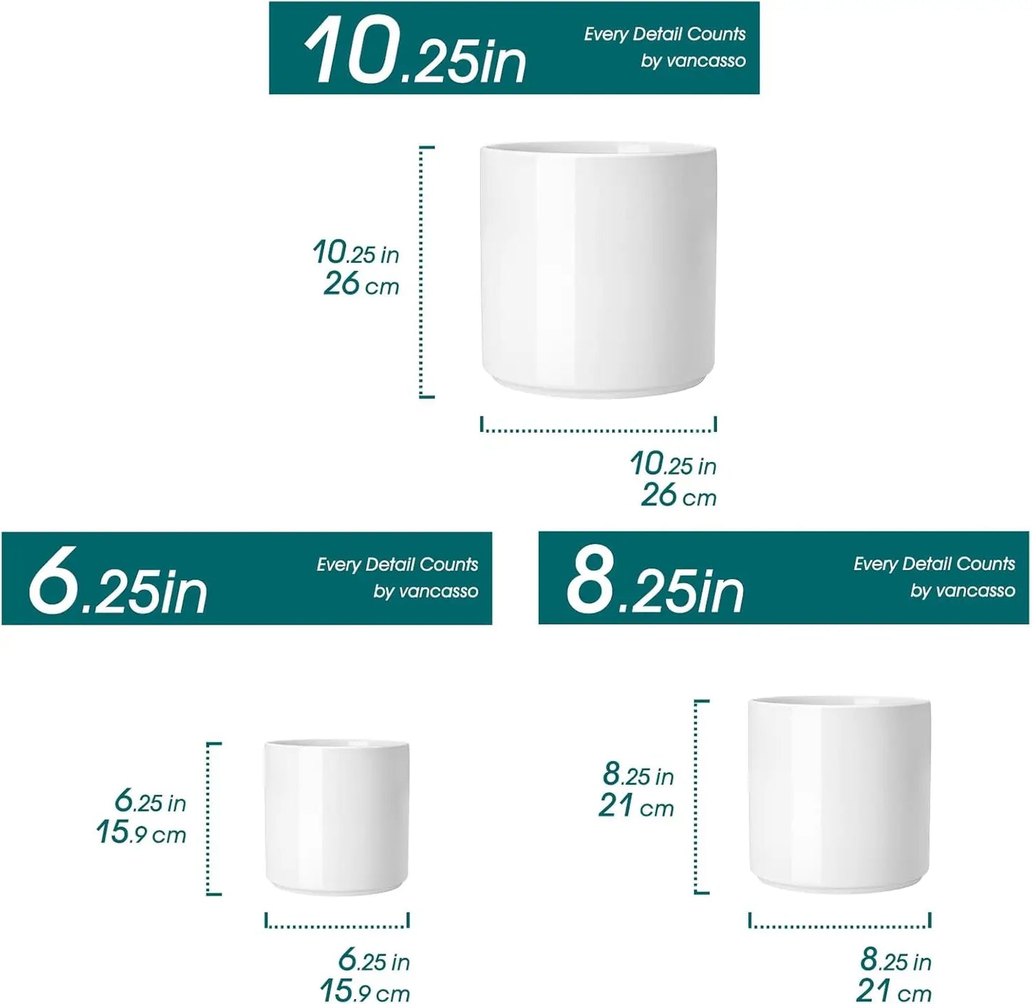 Set of 3 Ceramic Plant Pots with Drainage, 6/8/10 Inch, White, Indoor Outdoor