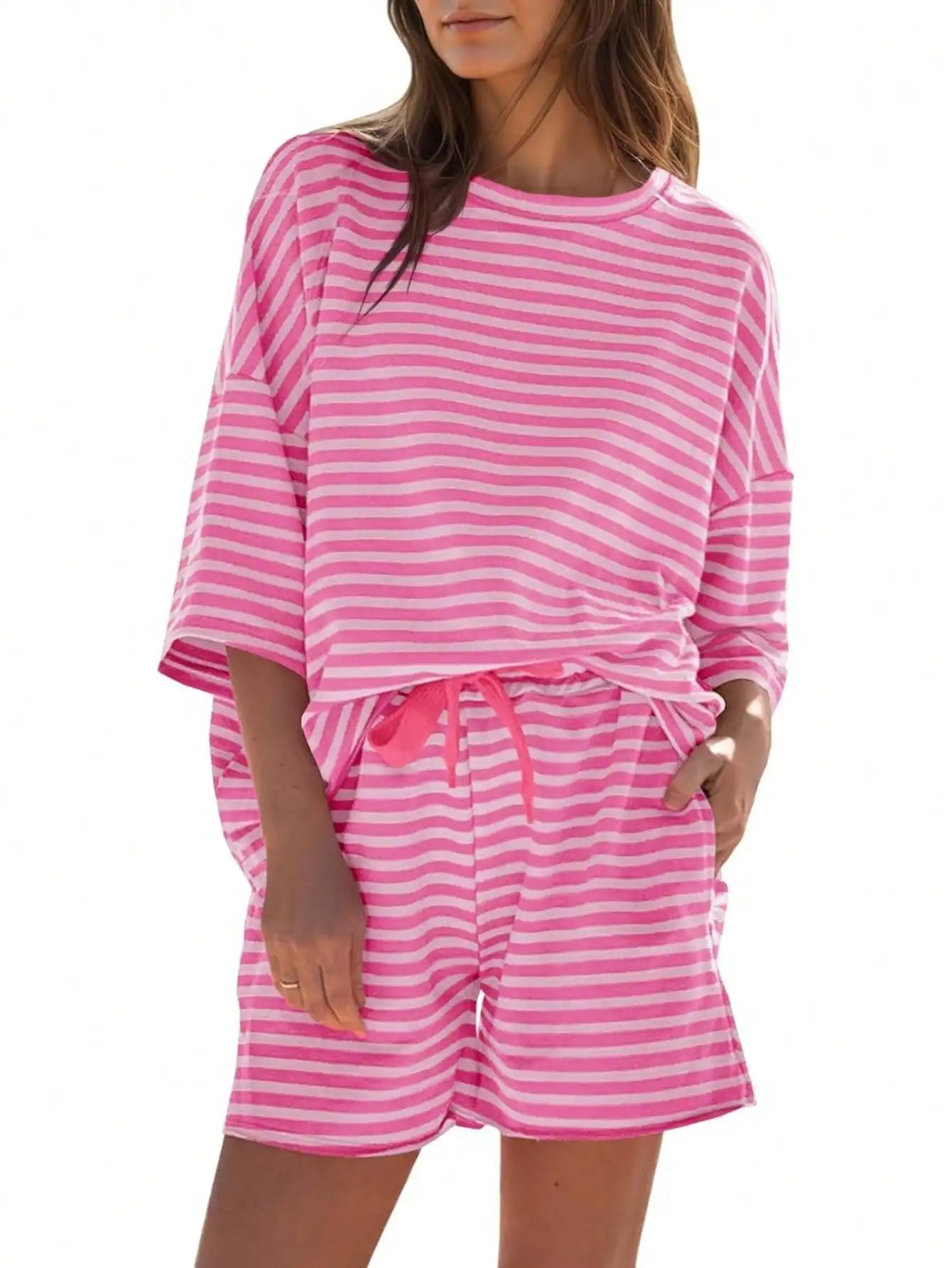 Womens Striped Athleisure 2 Piece Outfits Sweatsuit 3/4 Sleeve Oversized Tops High Waisted Shorts Casual Cozy Striped Lounge Set