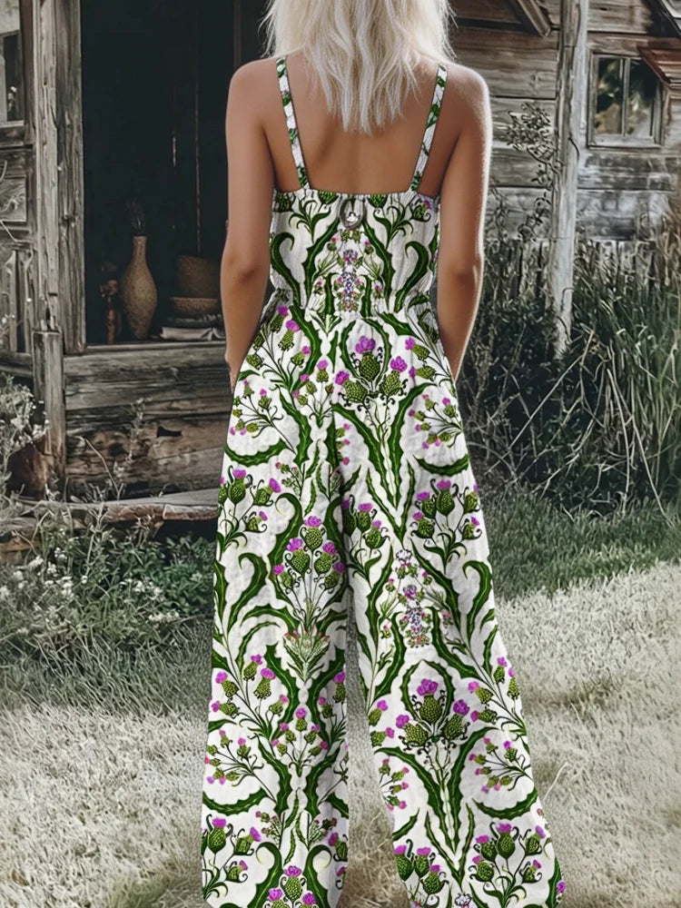 Women's Boho Floral Print Jumpsuit, Casual Summer Spaghetti Strap Wide-Leg Romper, Beach Vacation Jumpsuit with Pockets
