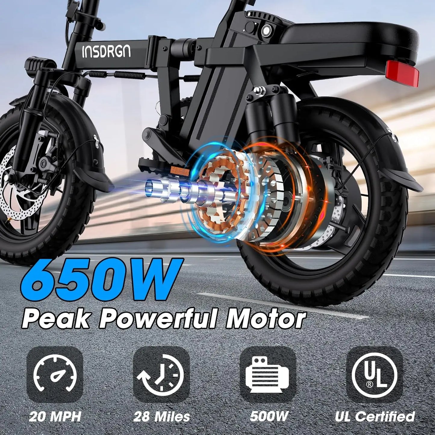 Electric Bike for Adults and Teens,14" Folding Adult E Bike with 650W Peak Motor,20MPH,28Miles Range,Advanced 9-Point Suspension