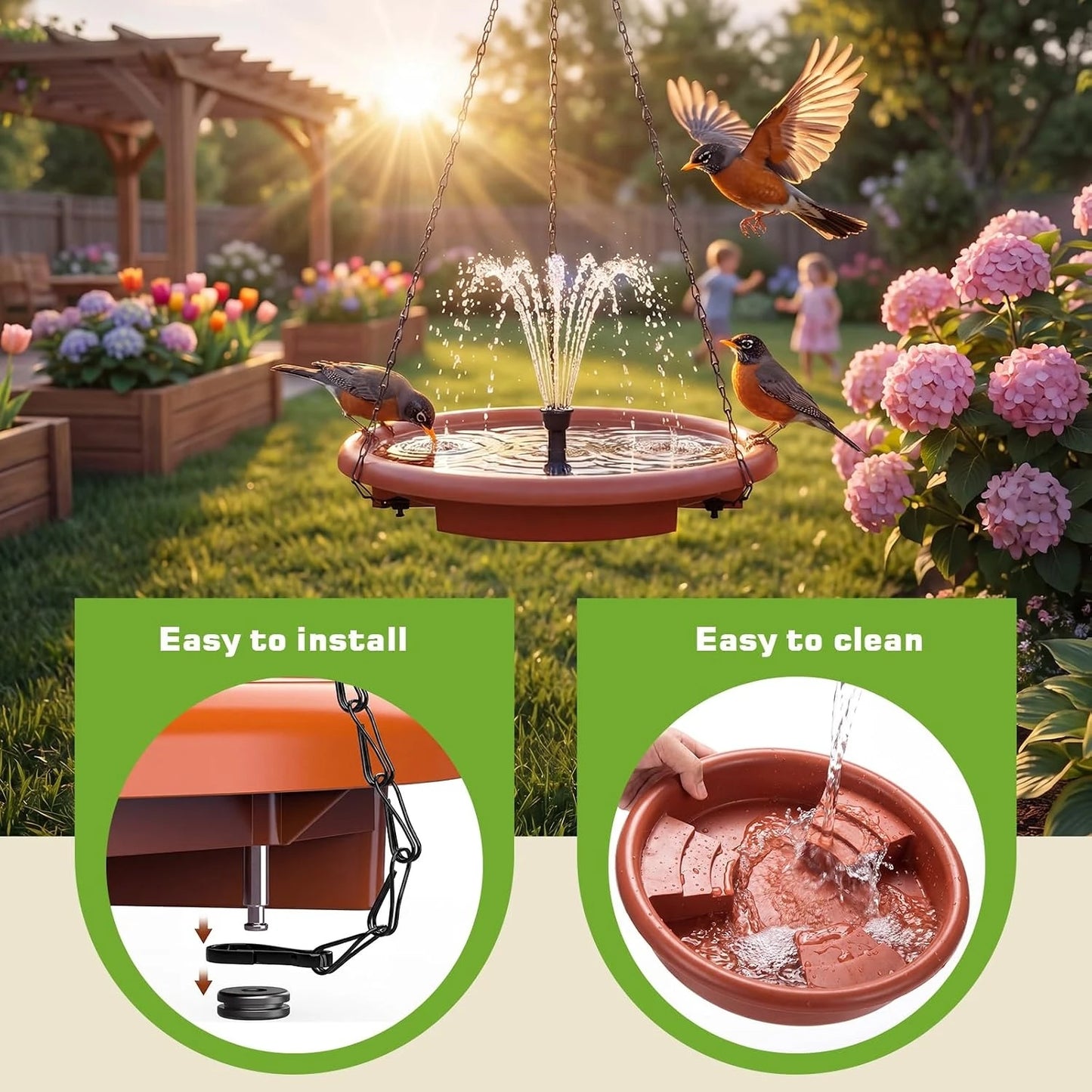 15 inch Hanging Solar Bird Bath, Outdoor Bird Bath & Feeder with Solar Fountain and 3-Tier Steps, Suitable for Patio Garden Backyard Landscape Decor